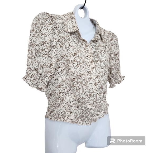 Papermoon NWT Collared V-Neck Henley Crop Blouse-Shirred Waist & Sleeves L - Picture 2 of 12